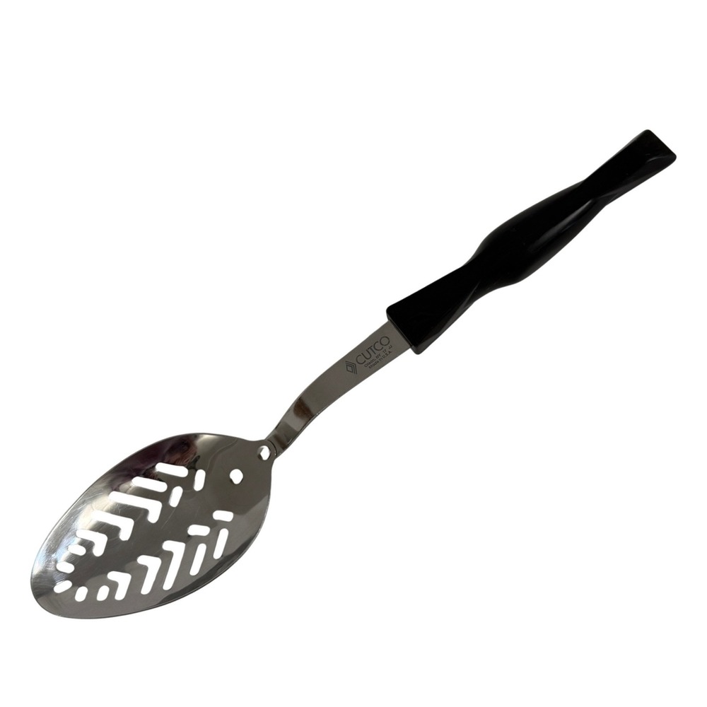 Vintage CUTCO Slotted Serving Spoon Marbled Black‎ Red Handle USA 12.5"